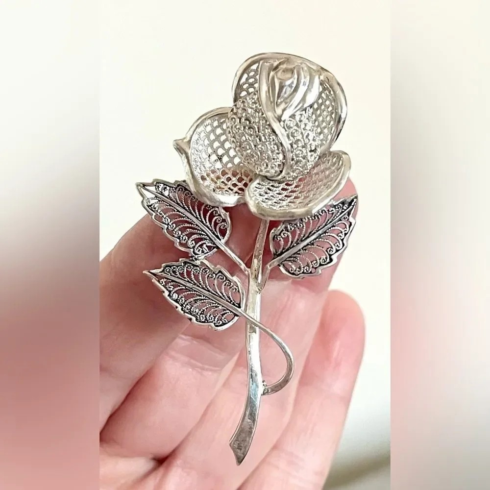Vintage sterling rose brooch - Picture 3 of 11